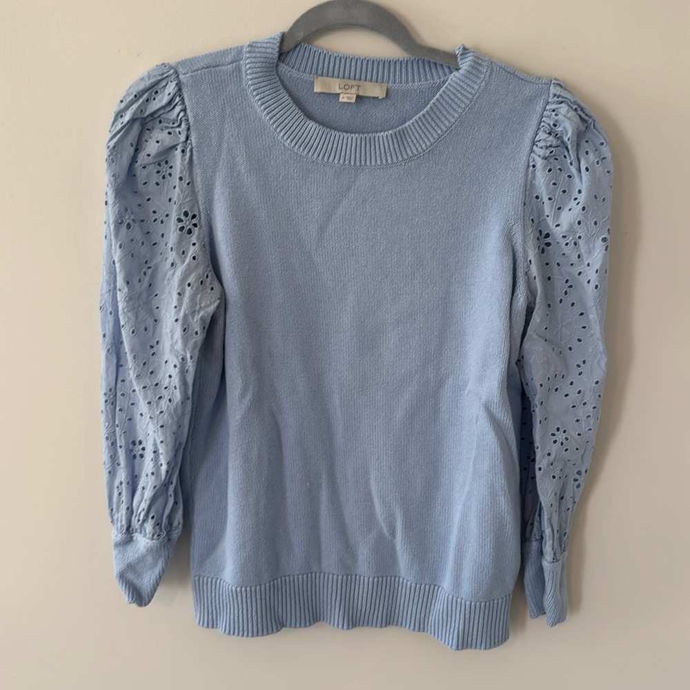 Loft Blue Sweater with Eyelet Sleeves